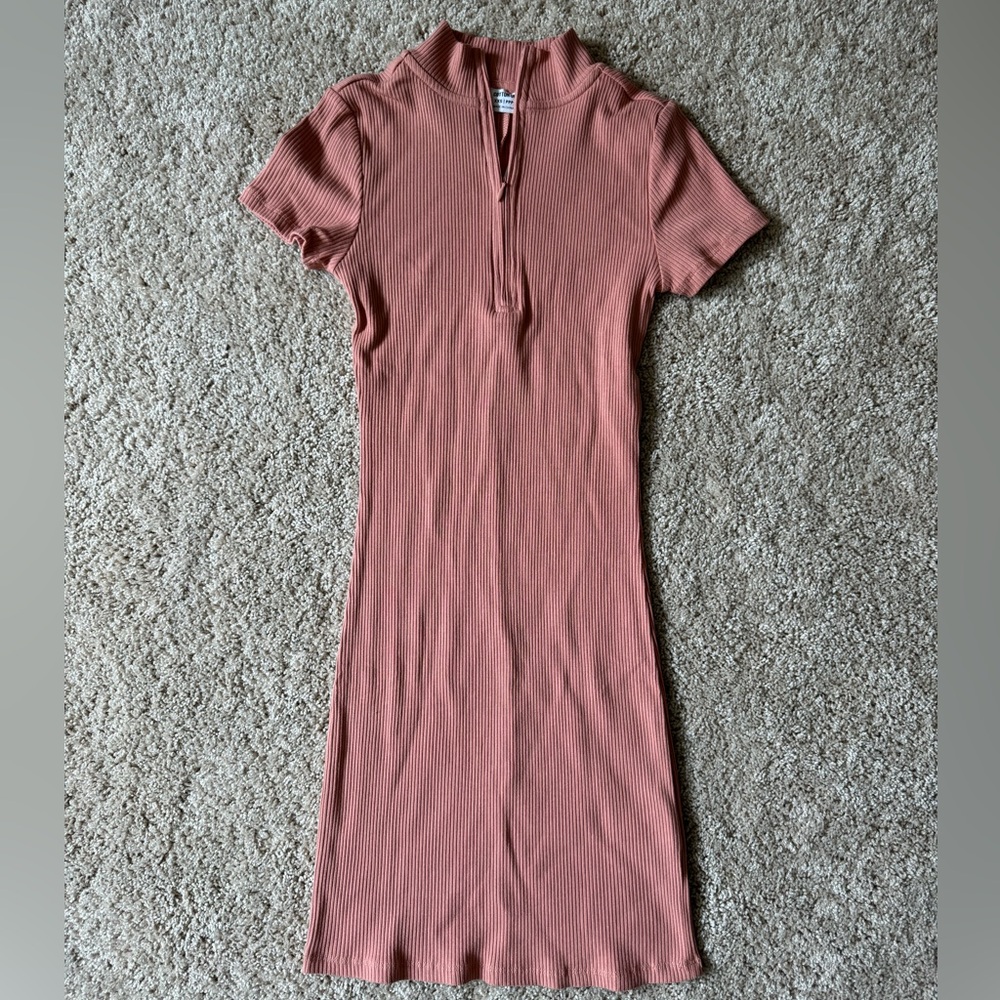 NWT Cotton On Zip Neck Short Sleeve Mini Dress in Honey Pink XXS Ribbed Polo